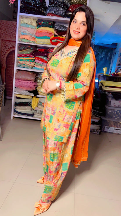 Yellow Muslin Designer Mirror Lace Work Farshi Salwar Suit With Chiffon Dupatta (FS)