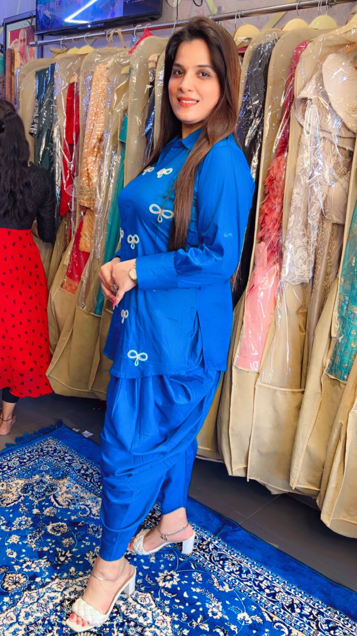 Blue Jam Cotton Trendy Bow Design Pearl Work Short Kurti And Dhoti Set (DS002)