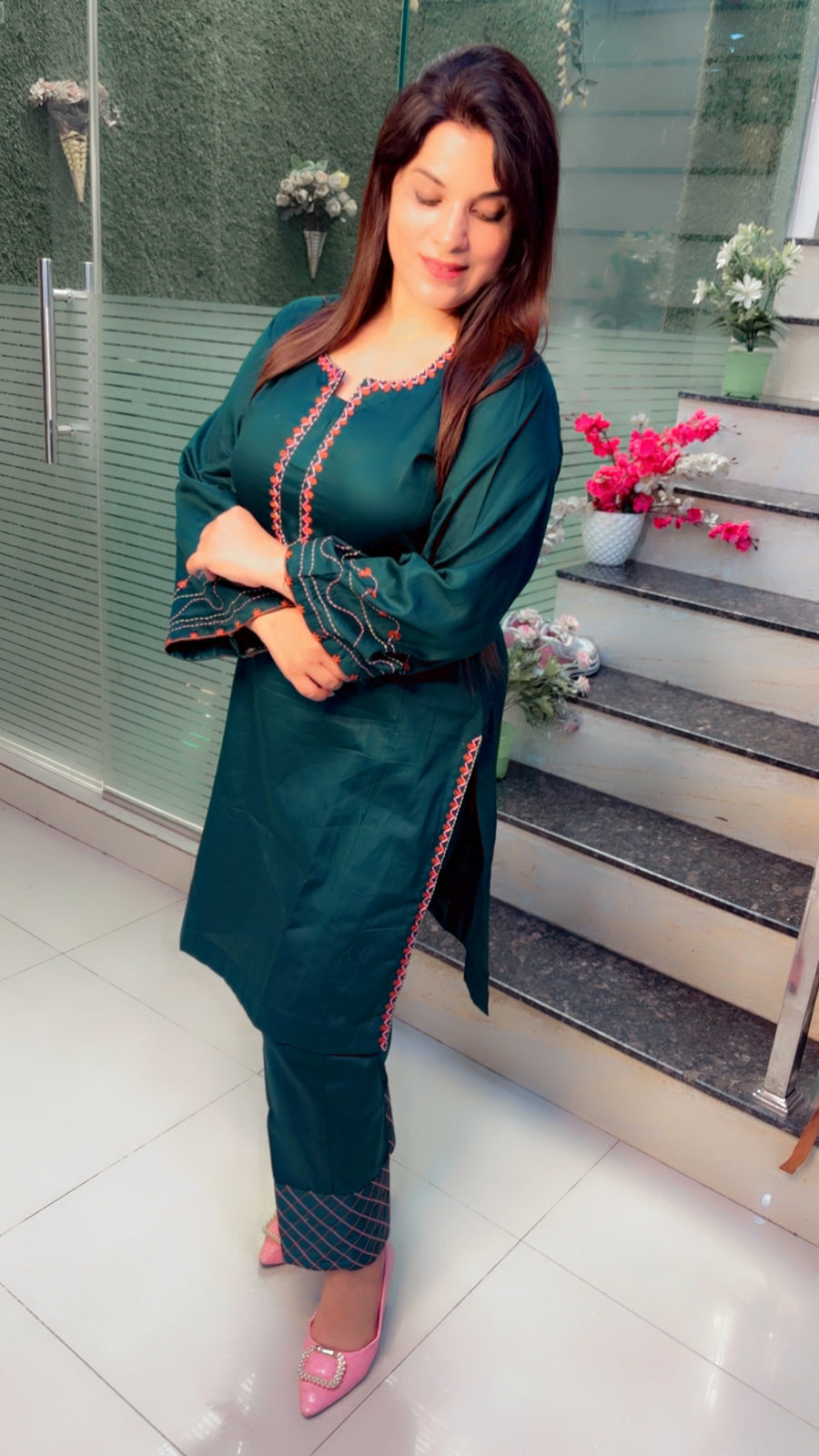 Dark Green Threadwork Kurti And Pant Set (KS004)