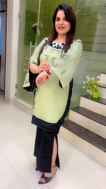 Green Hand Worked Kurti Set With Black Bell Bottom (KS075)