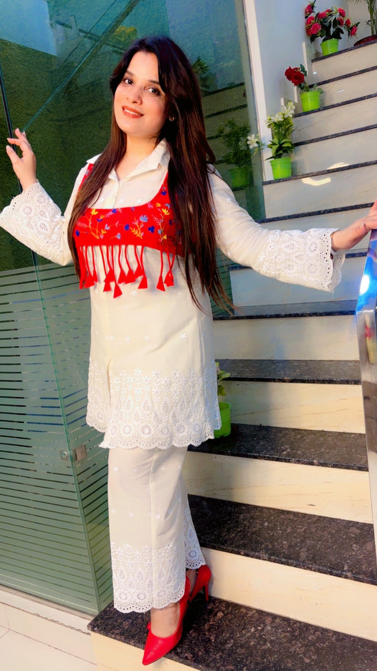 Hand Worked Red Jacket With White Schiffli Co-Ord Set