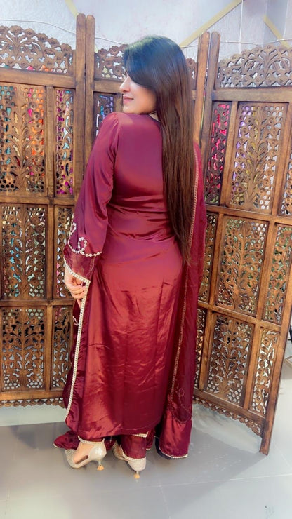 Hand Work Crepe Pakistani Suit In Dark Brown