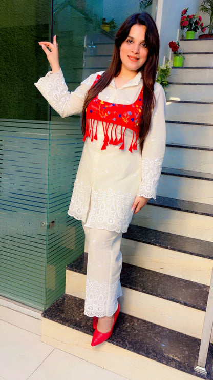 Hand Worked Red Jacket With White Schiffli Co-Ord Set