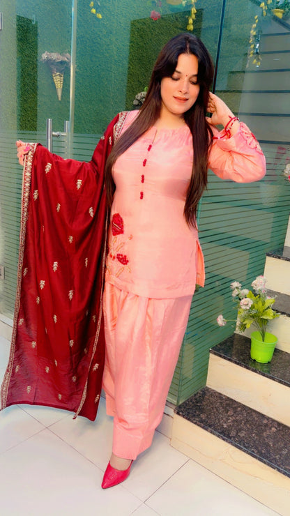 Peach Hand and Patch Worked Silk Farshi Salwar Suit with Dupatta