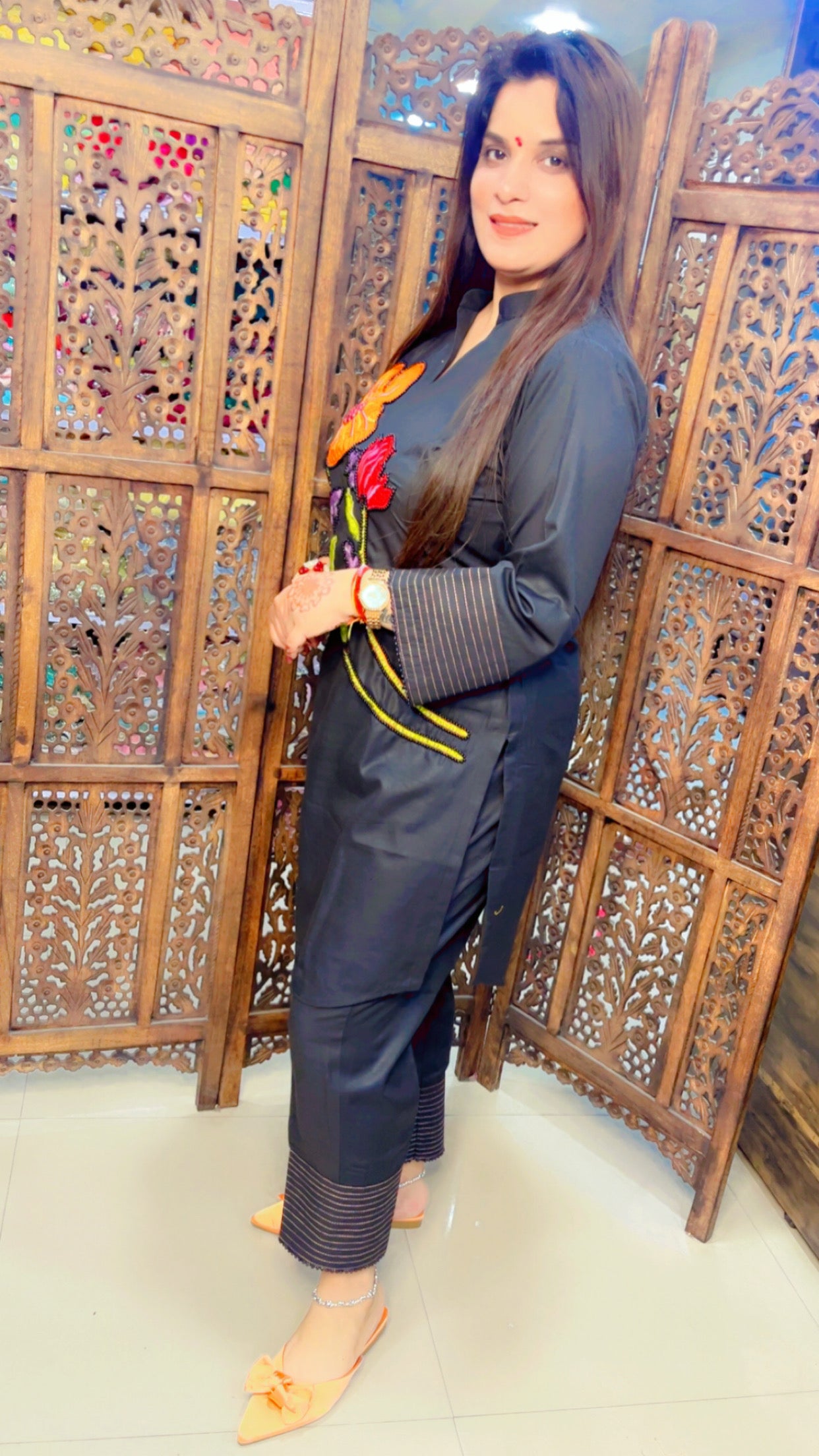 Embroidered Black Cotton Patch Work Co-Ord Set (KS027)