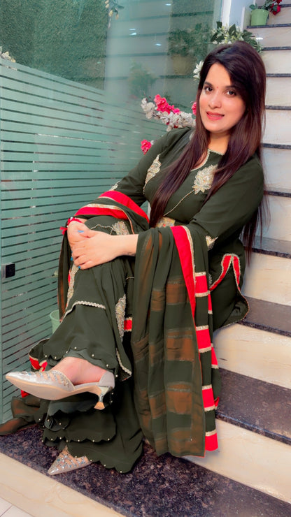 Georgette Cut Work Palazzo Suit With Red Stripes Dupatta (PS)