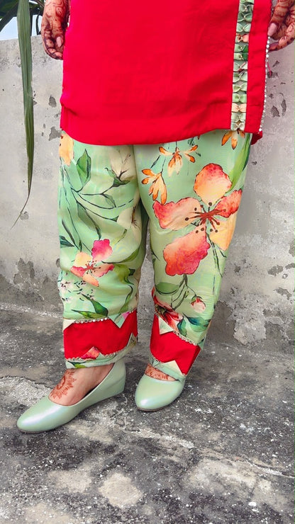 Red and Green Crepe Designer Farshi Salwar Suit