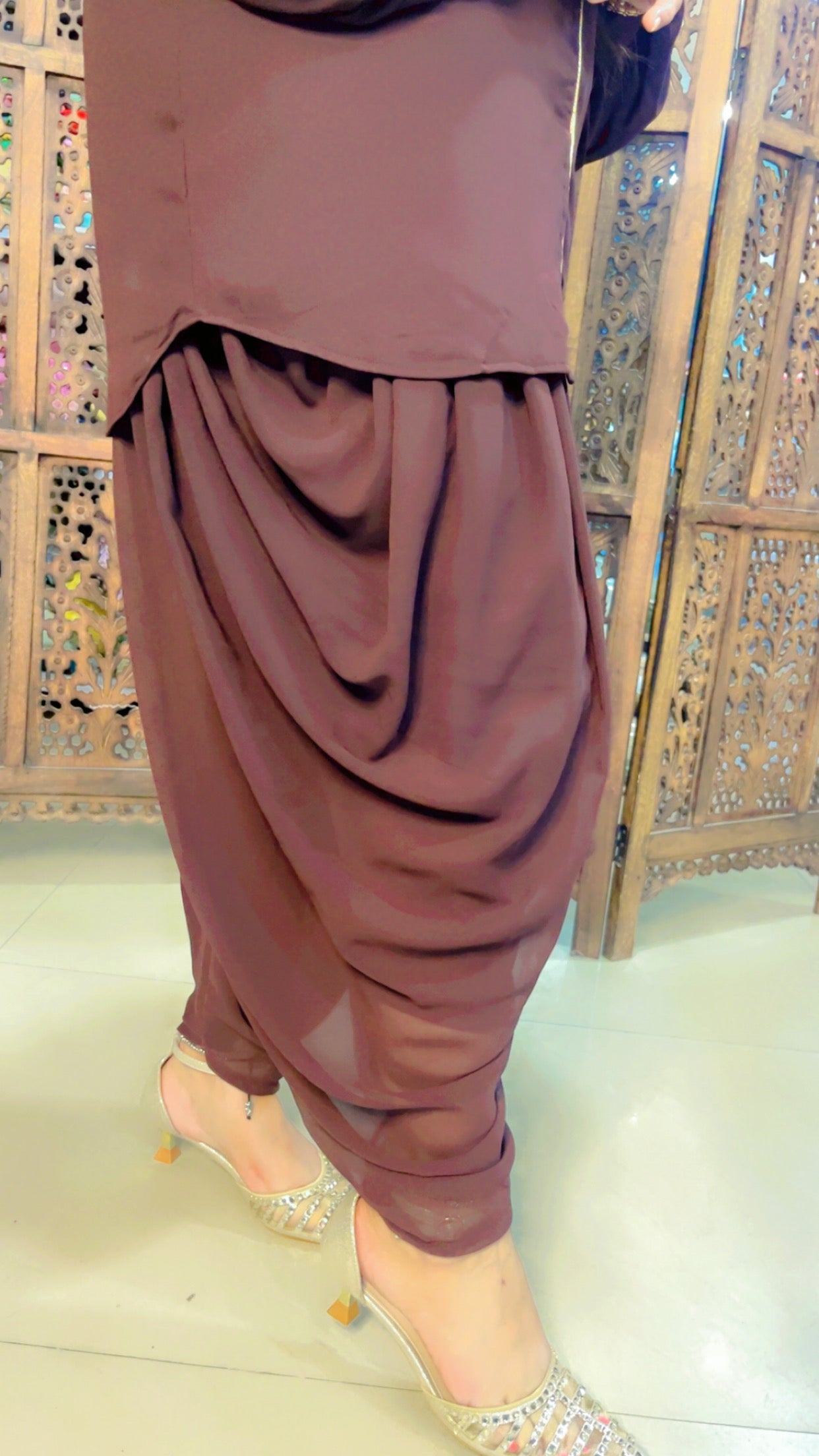 Brown Georgette Designer Hand Embroidered Short Kurta And Dhoti Salwar Set (DS)