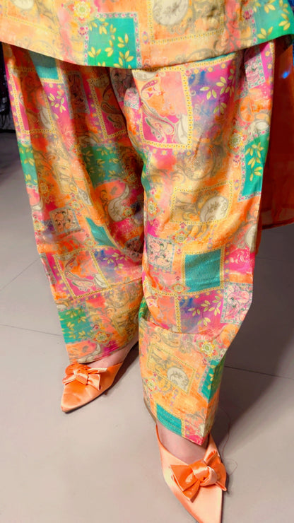 Yellow Muslin Designer Mirror Lace Work Farshi Salwar Suit With Chiffon Dupatta (FS)