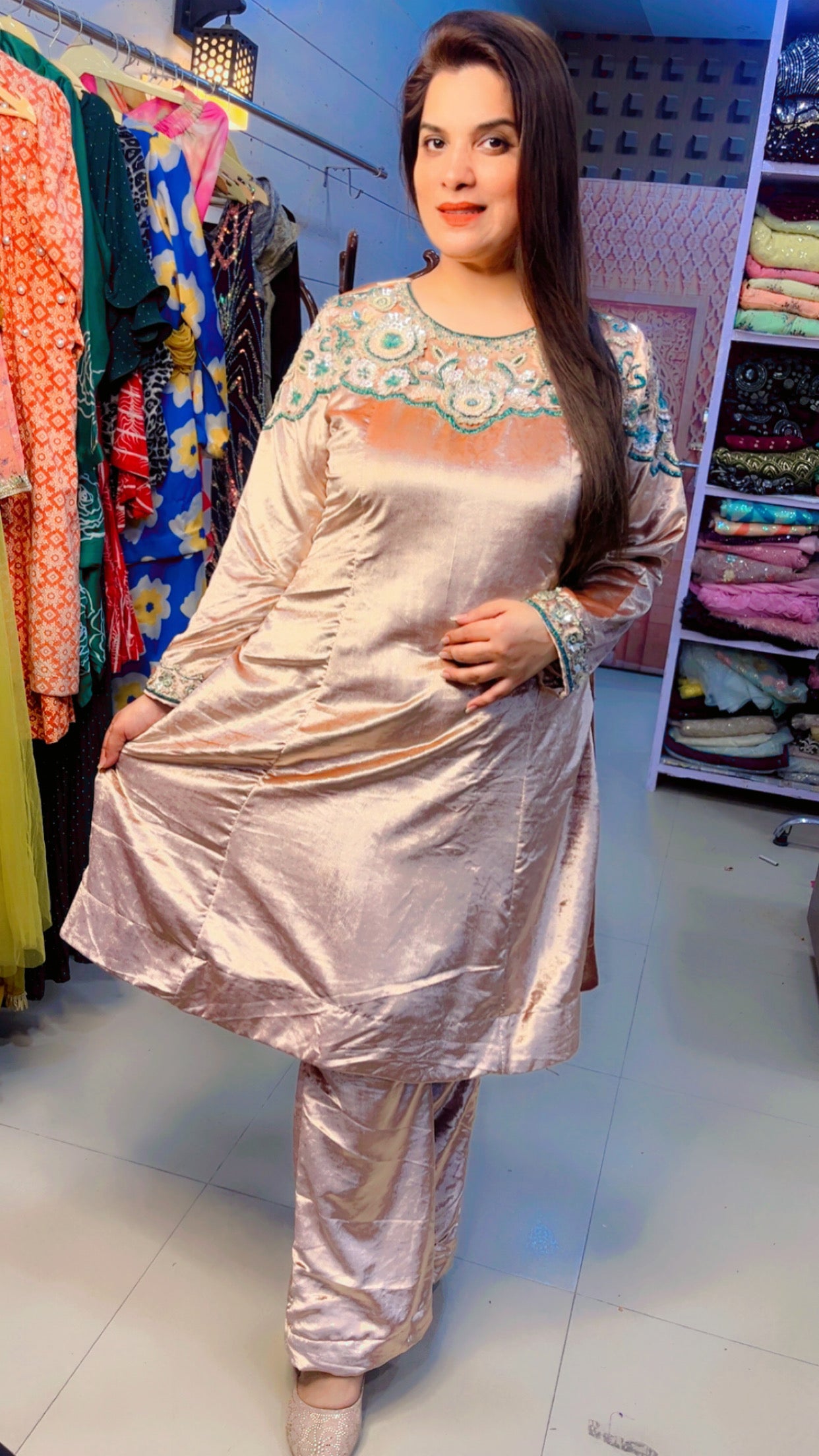 Rose Pink Hand Worked Velvet Set (KS007 )