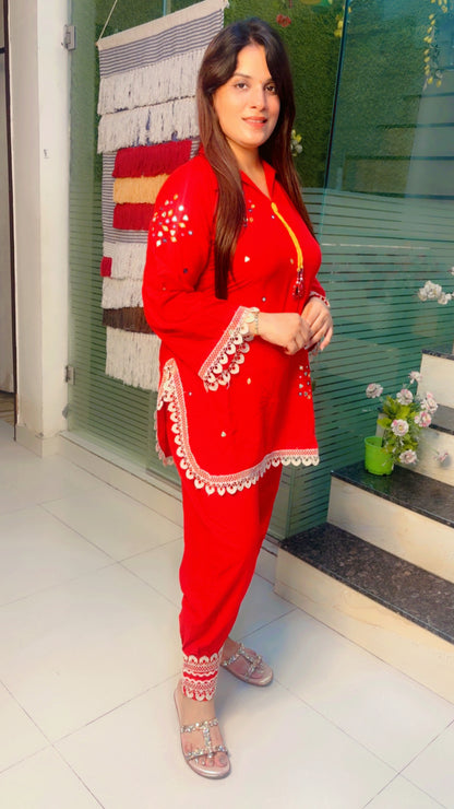 Red Cotton Afghani Salwar with Short Kurti Set