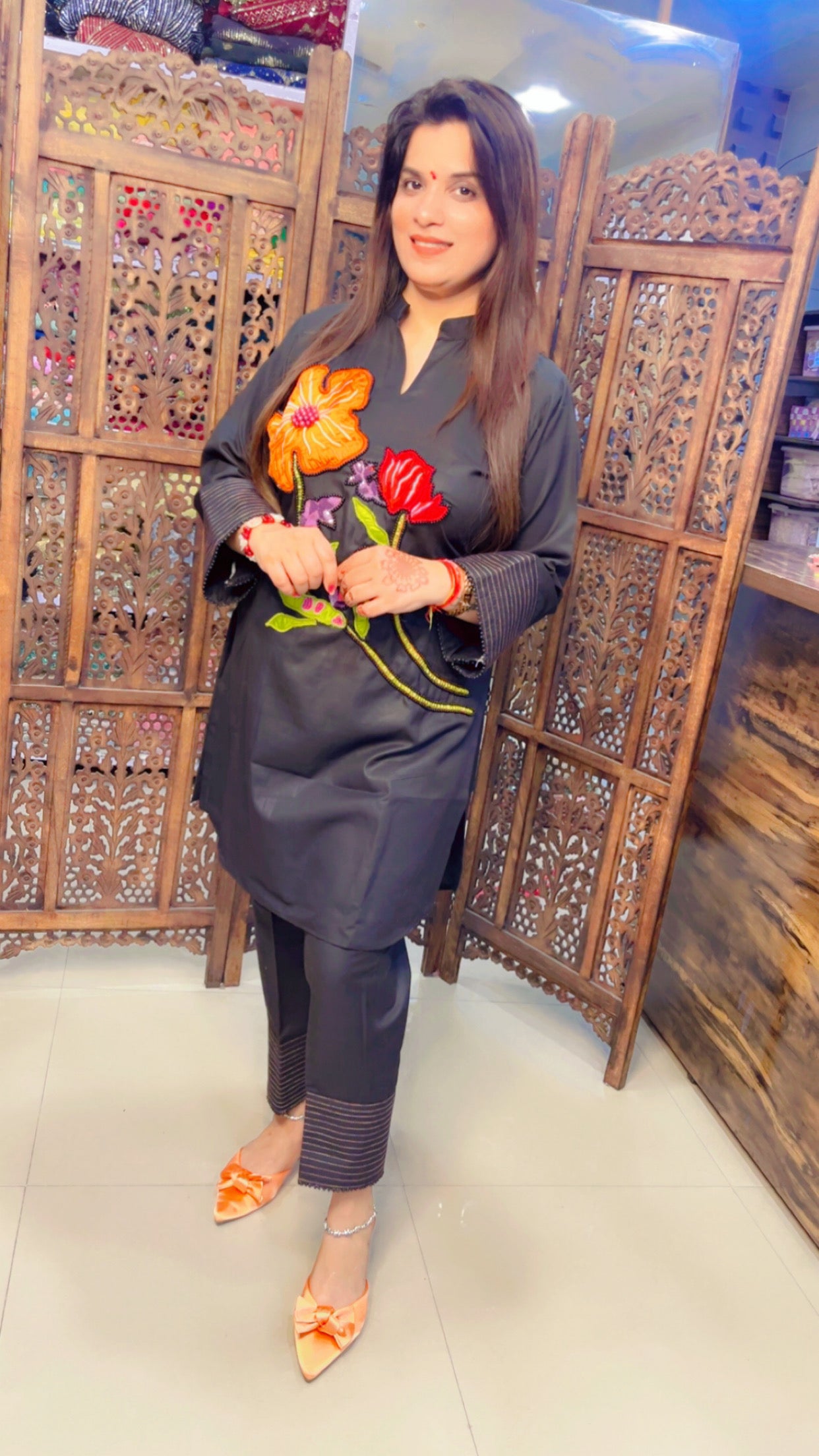 Embroidered Black Cotton Patch Work Co-Ord Set (KS027)