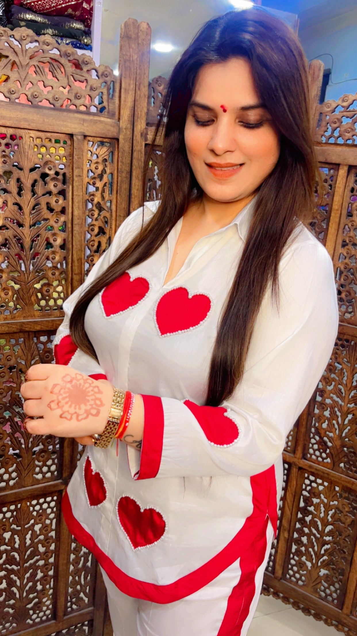 White Cotton Trendy Co-Ord Set With Red Hearts Pattern For Casual Wear (CS001)