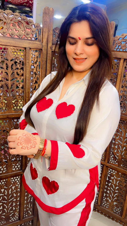 White Cotton Trendy Co-Ord Set With Red Hearts Pattern For Casual Wear (CS001)