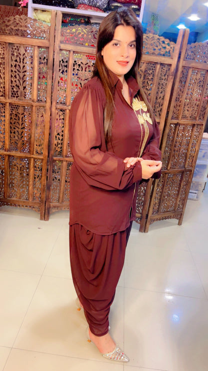 Brown Georgette Designer Hand Embroidered Short Kurta And Dhoti Salwar Set (DS)