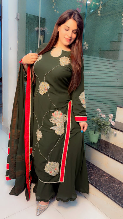 Georgette Cut Work Palazzo Suit With Red Stripes Dupatta (PS)