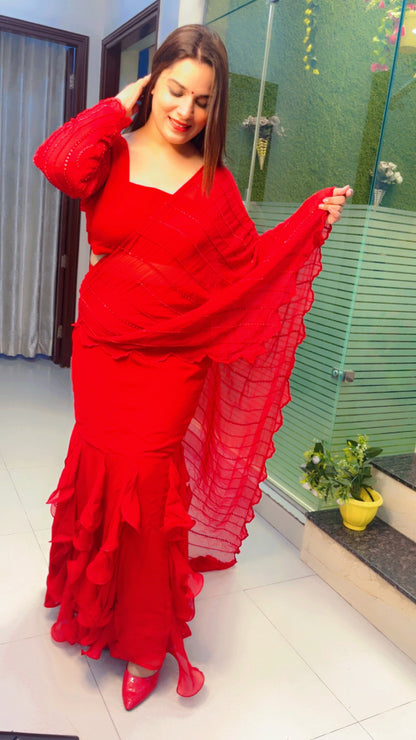 Red Embroidered Drape Saree (SR016)