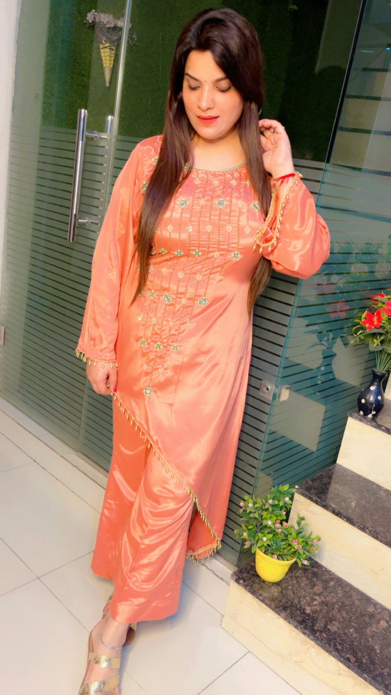 Peach Pink Hand Embroidered Kurti Set (KS006)
