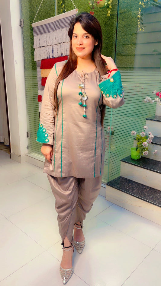Brown Cotton Co-Ord Set With Green Patchwork (CS009)
