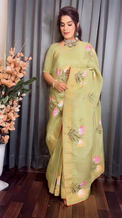 Parrot Hand Painted Saree - Shimmer Silk Saree (SR002)
