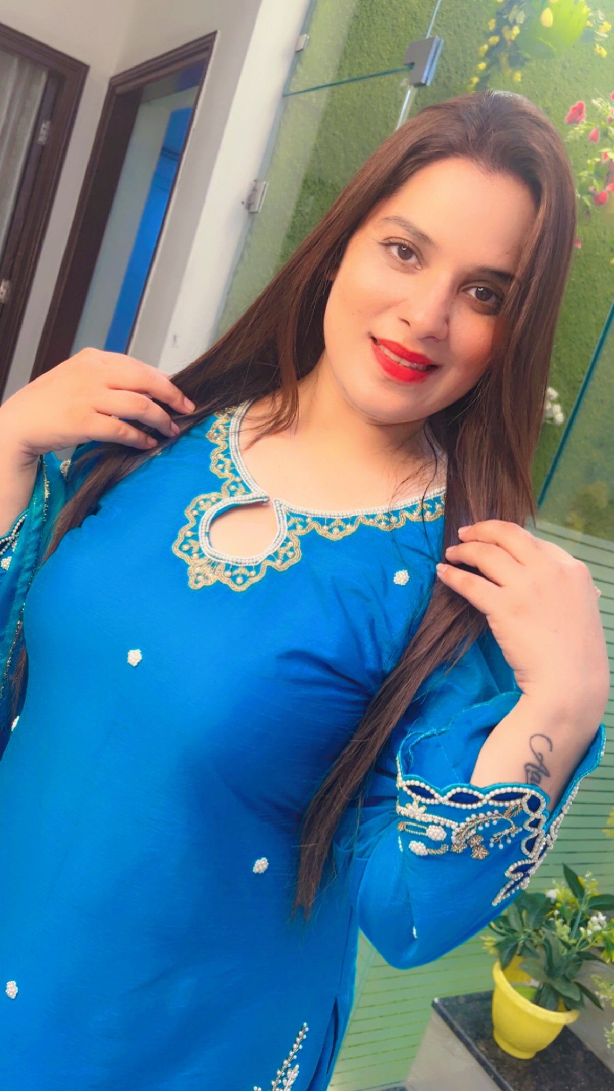 Blue Embroidered Farshi Salwar Suit And Dupatta Set (KSD046)