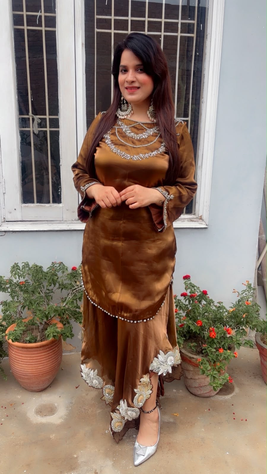 Designer Banana Palazzo And Kurti Set in Coffee