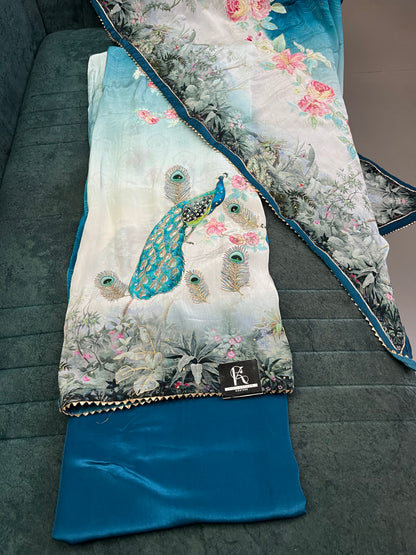Peacock Print Unstitched Suit Material with Dupatta