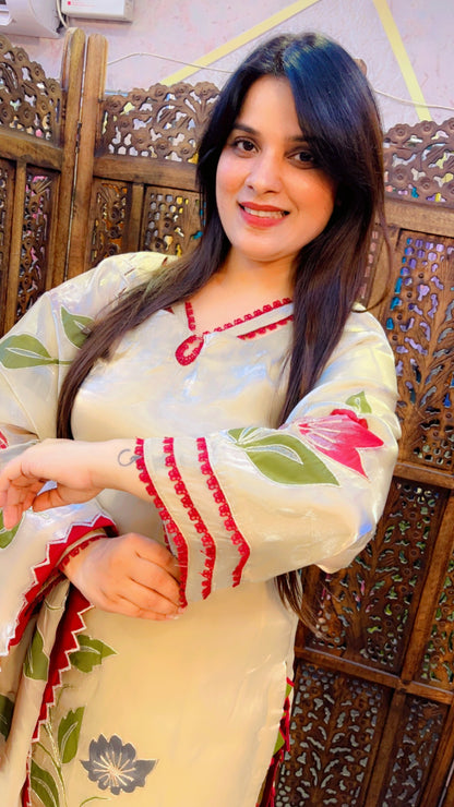 Hand Painted Tissue Silk Pakistani Suit Set In Ivory