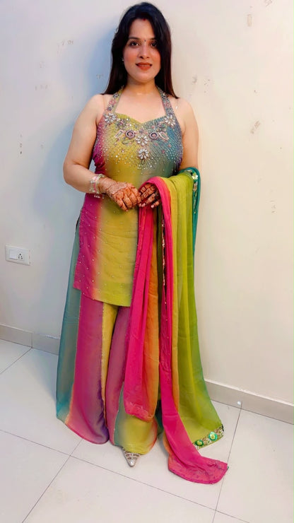 Multi Colour Halter Neck Kurti With Panelled Palazzo Set