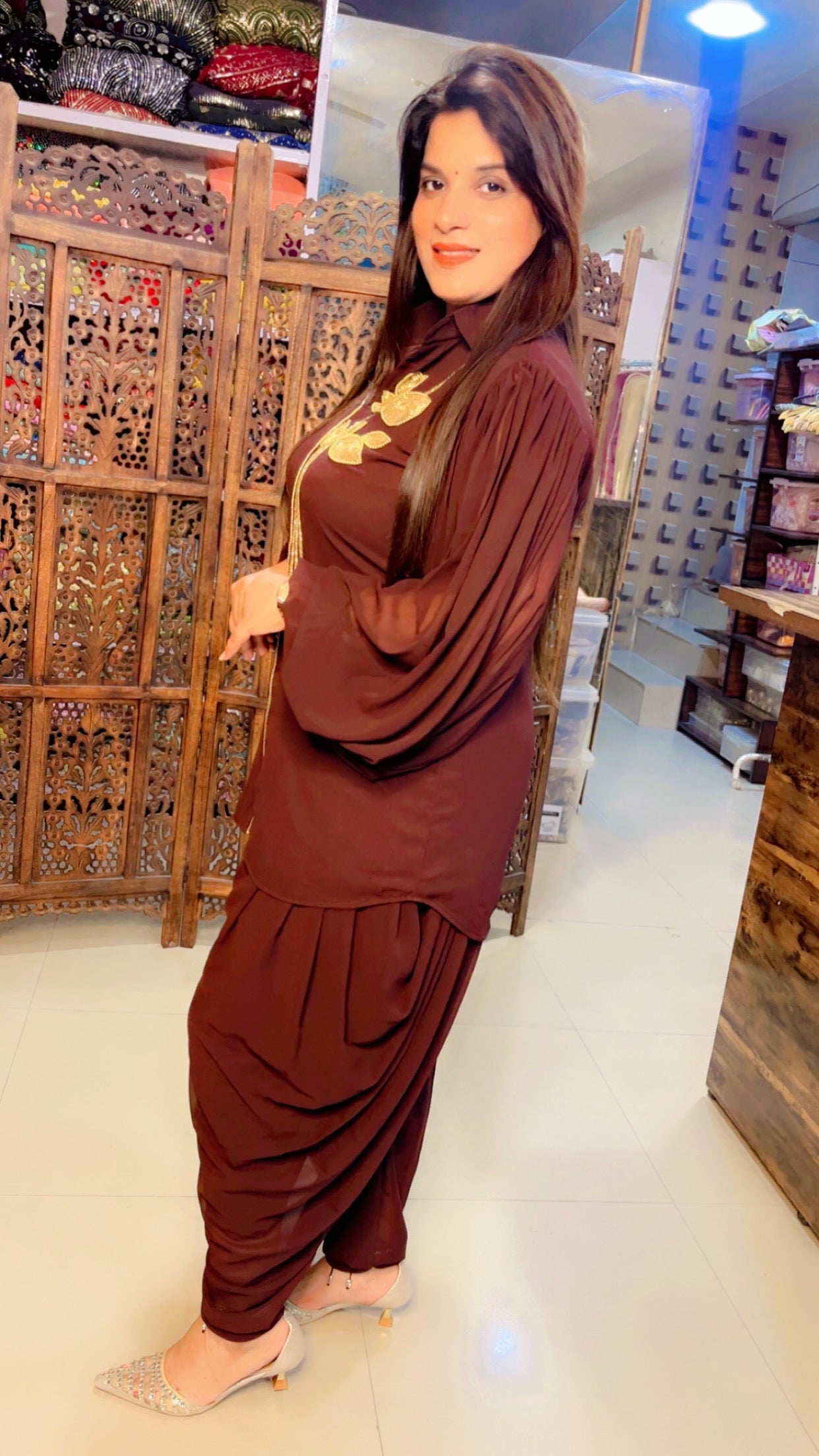 Brown Georgette Designer Hand Embroidered Short Kurta And Dhoti Salwar Set (DS)