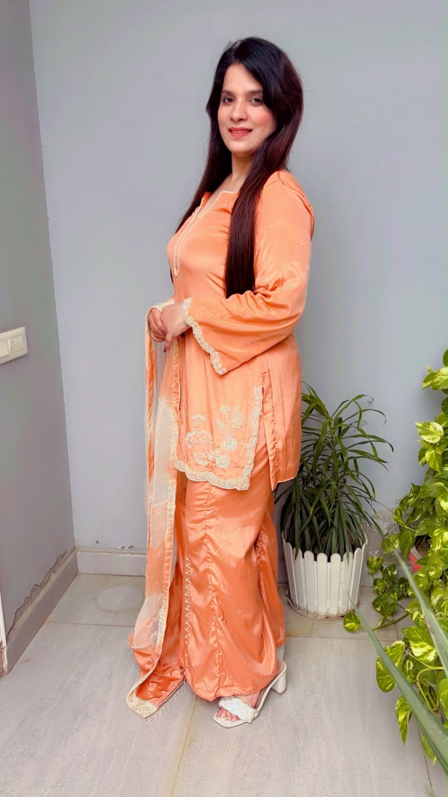 Peach Kashmiri Palazzo Kurti And Dupatta