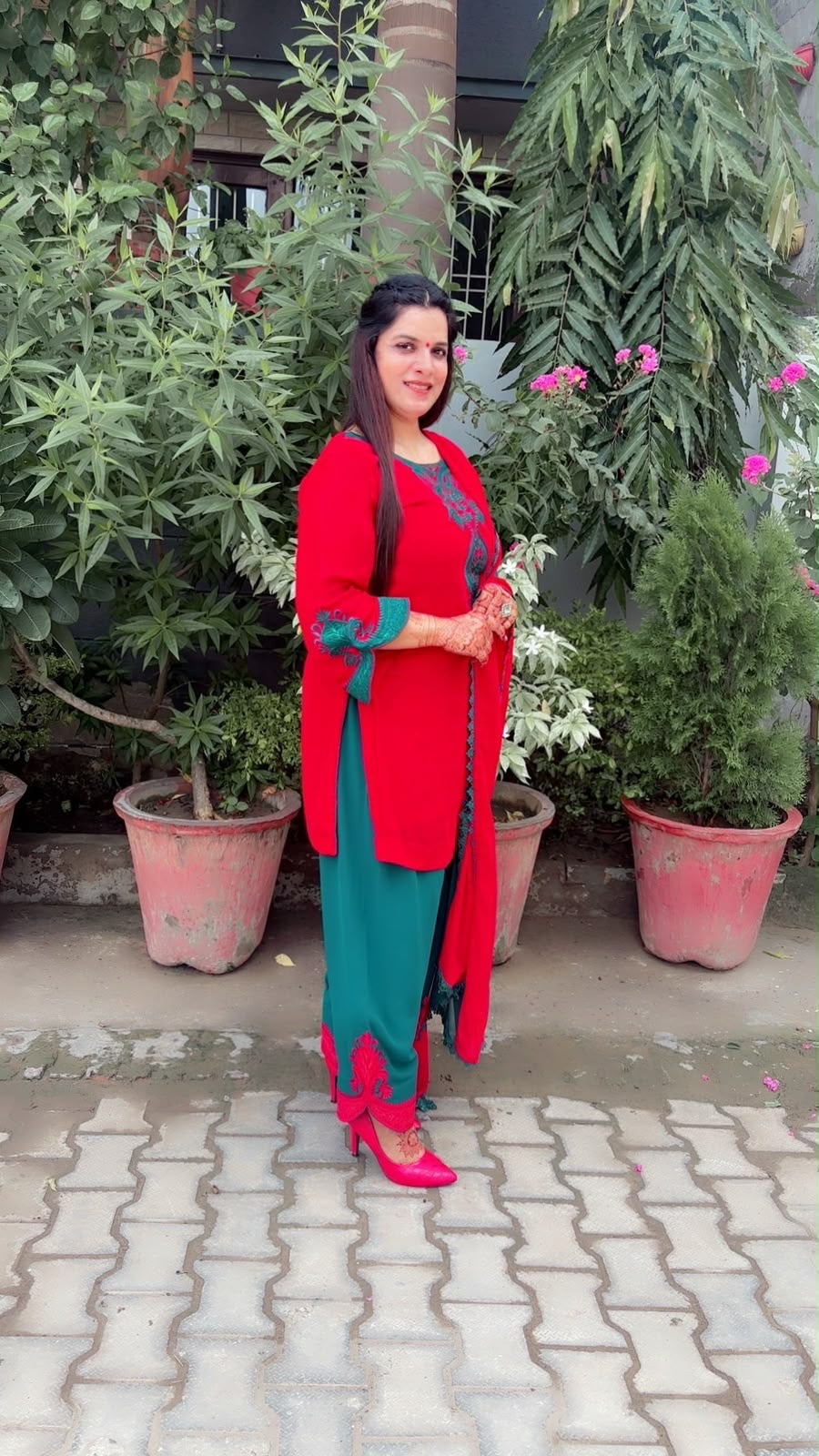 Red And Green Farshi Salwar Suit And Dupatta Set