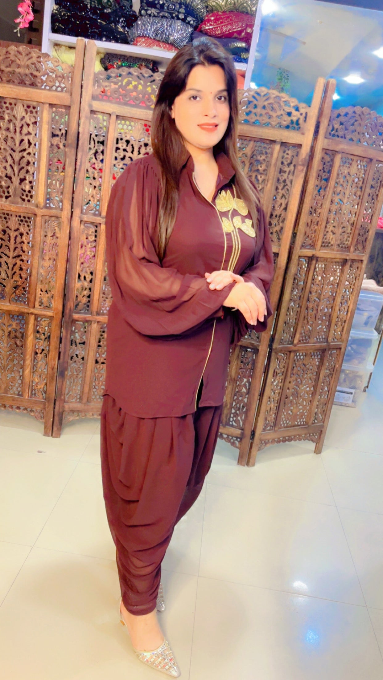 Brown Georgette Designer Hand Embroidered Short Kurta And Dhoti Salwar Set (DS)