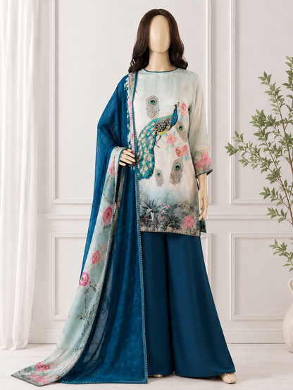 Peacock Print Unstitched Suit Material with Dupatta