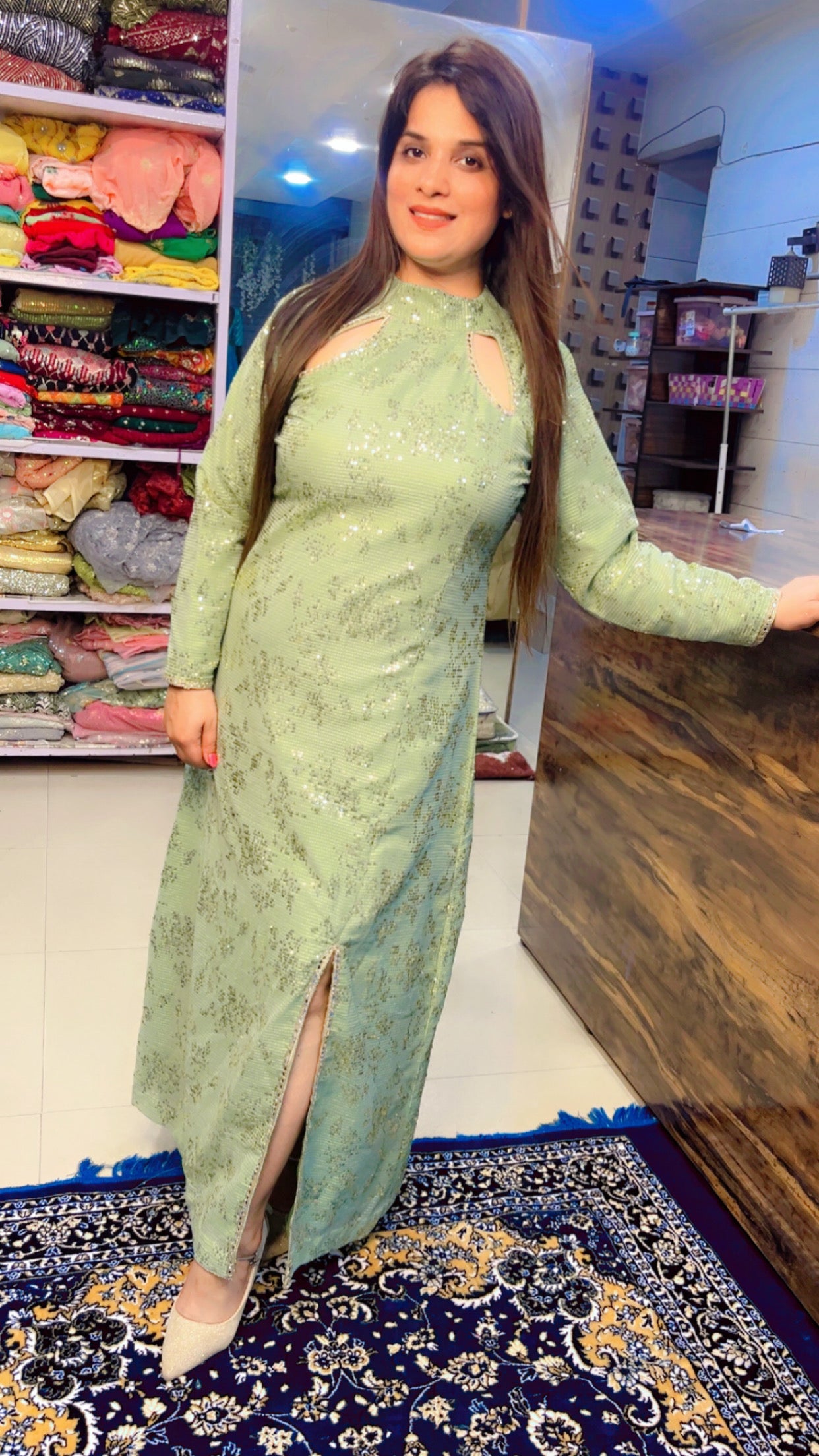 Pastel Green Long Sequins Dress (WD001)