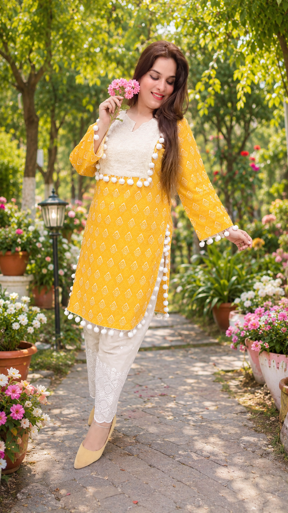 White And Yellow Pakistani Style Kurti Set (KS012)