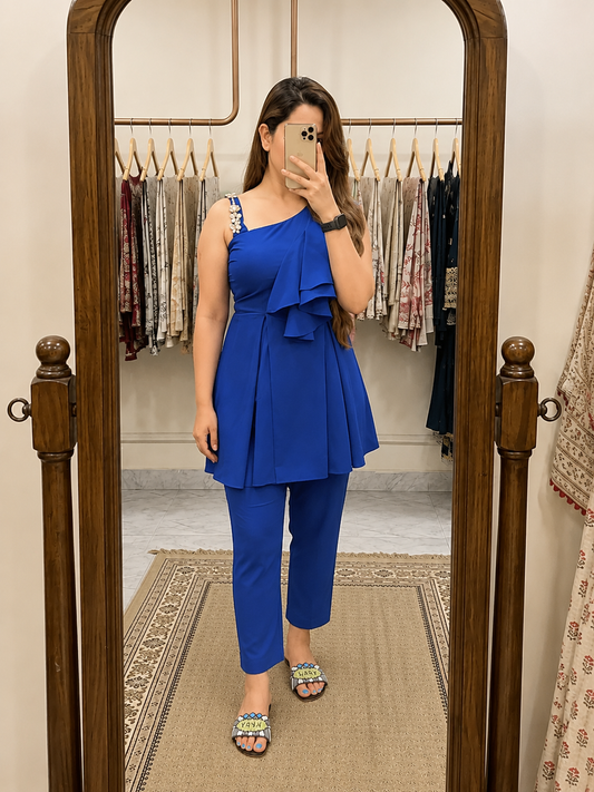 Royal Blue Georgette Summer Co-Ord Set For Women (CS002)