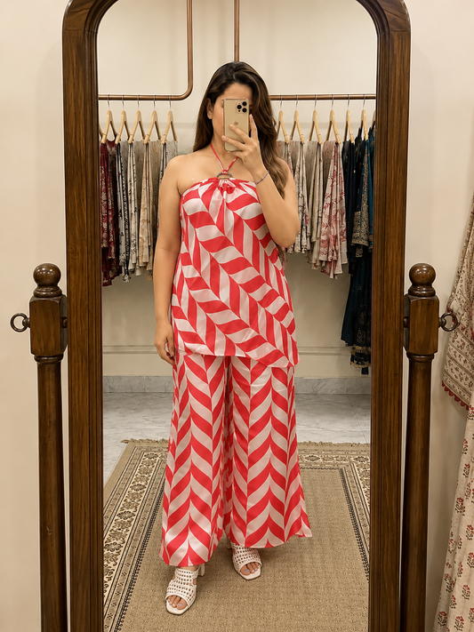Red and White Satin Georgette Co-ord for Vacation (CS006)