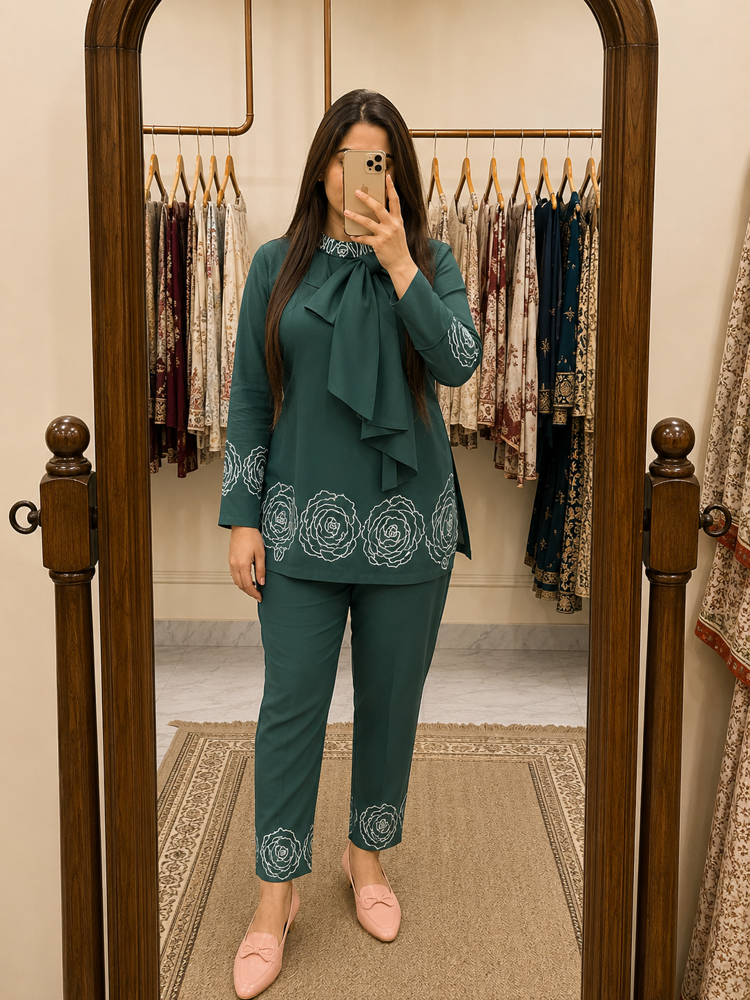 Green Satin Georgette Women's Co-ord (CS006)