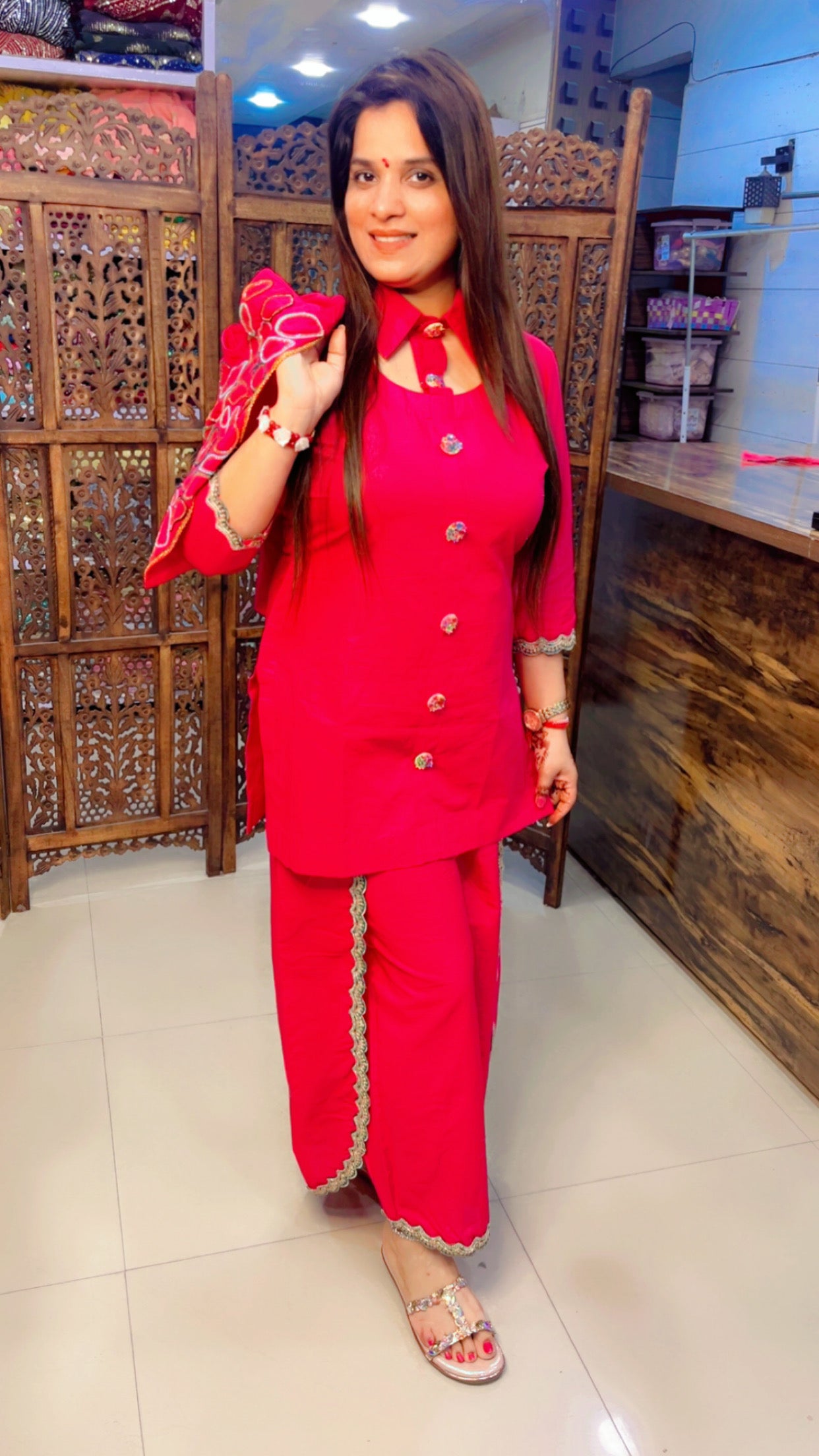 Hot Pink Linen Fabric Solid Print Festive Look Short Kurti And Over Lapped Palazzo With Embroidered Jacket (JS001)