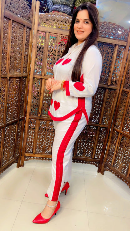White Cotton Trendy Co-Ord Set With Red Hearts Pattern For Casual Wear (CS001)