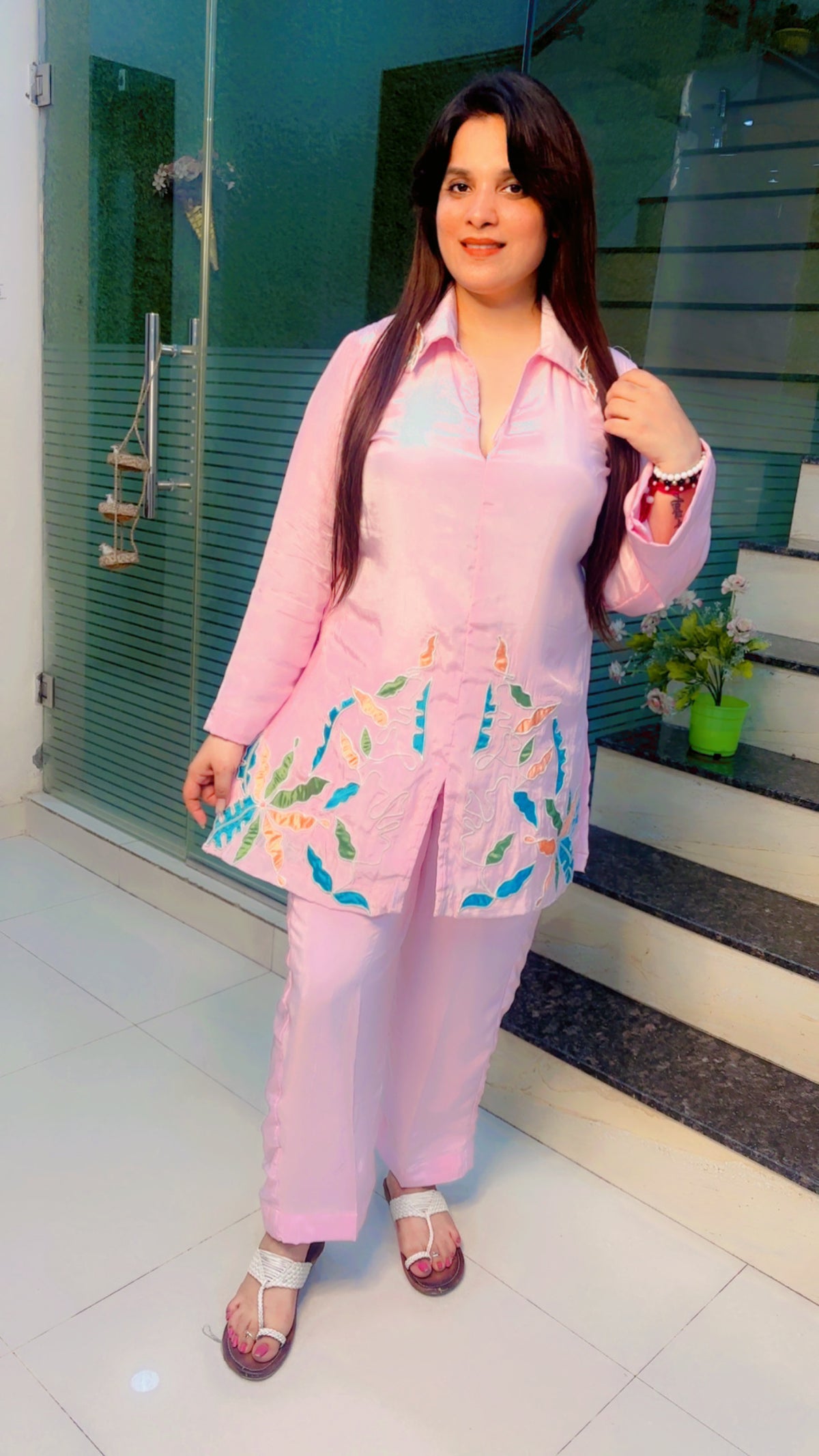 Pink Patch Work Co-Ord Set in Crepe