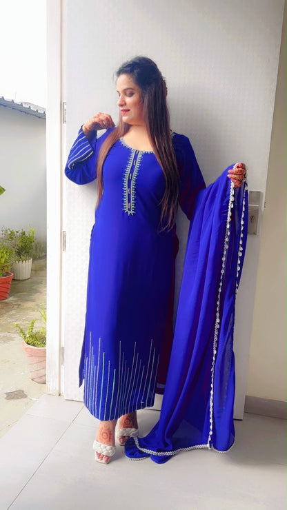 Blue Embroidered Pant Suit and Dupatta Set