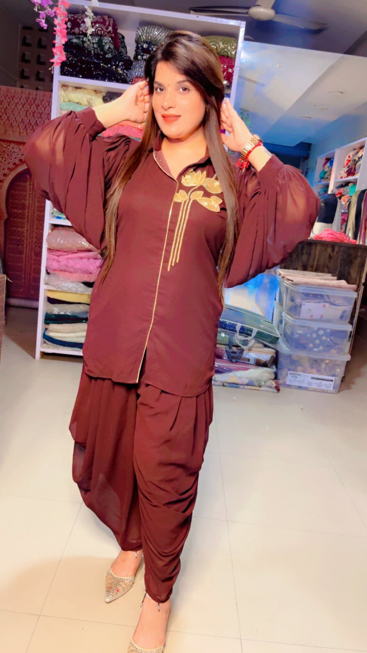 Brown Georgette Designer Hand Embroidered Short Kurta And Dhoti Salwar Set (DS)