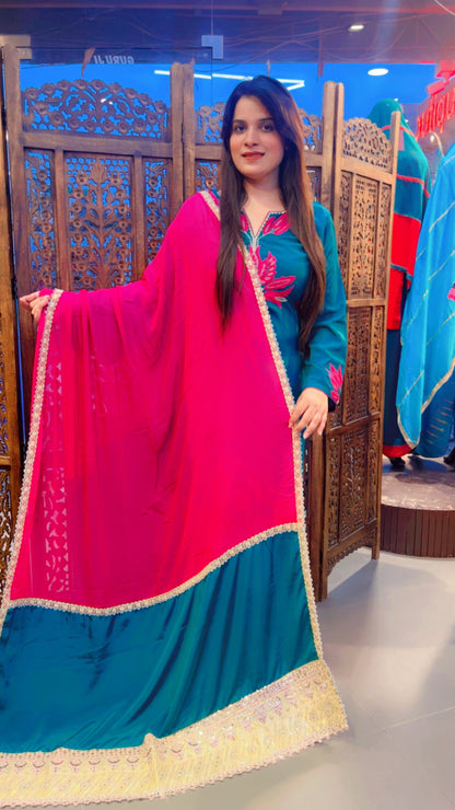 Green Machine Worked Farshi Salwar Suit And Dupatta