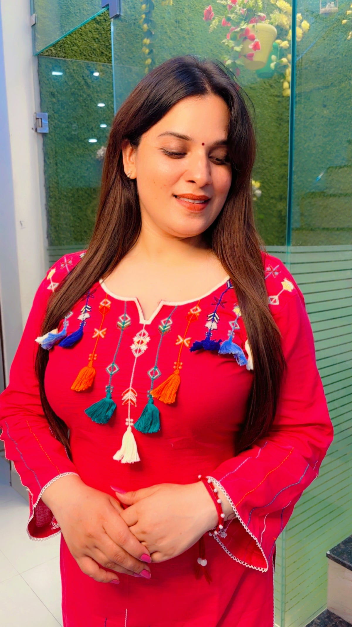 Pink Thread Worked Kurti With Tassels And Matching Pant (KS074)