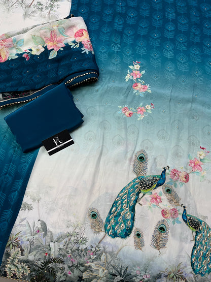 Peacock Print Unstitched Suit Material with Dupatta