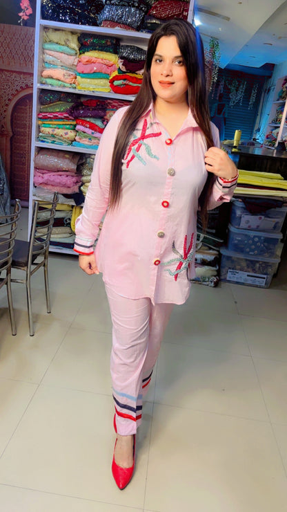 Light Pink Cotton Designer Hand Embroidered Causal Wear Co-Ord Set (CS)
