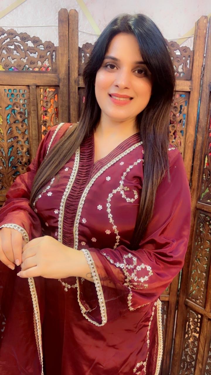 Hand Work Crepe Pakistani Suit In Dark Brown