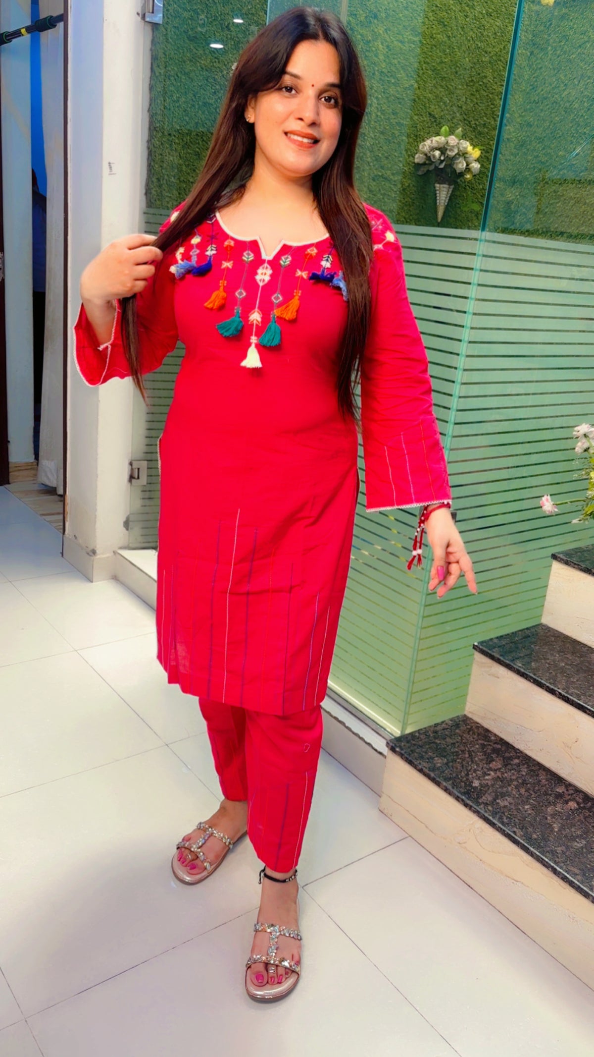 Pink Thread Worked Kurti With Tassels And Matching Pant (KS074)